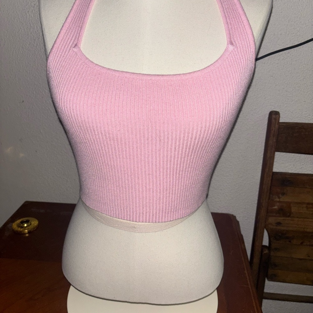 SHEIN Pink Ribbed Halter Crop Top